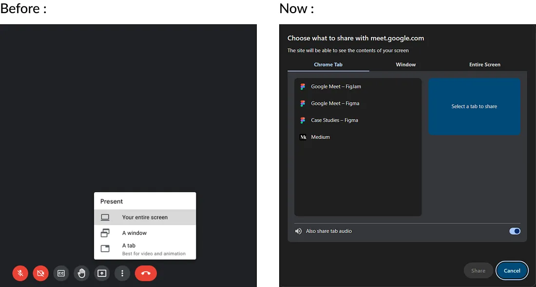 Screen sharing interface in Google Meet